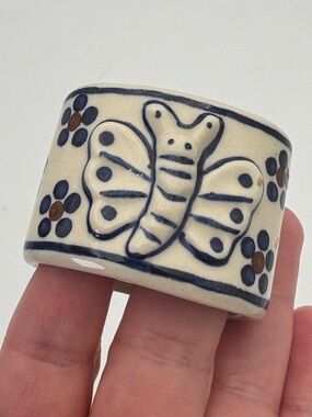 Vintage Hand-Painted Polish Pottery Butterfly Napkin Ring - 2 Inches
